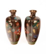 Pair Japanese cloisonne vases, brown ground decorated with fans,