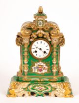 A mid 19th Century Paris porcelain green ground clock and stand,