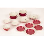 A group of Chinese porcelain items, 20th Century, a pair of fuchsia three-piece teacups, Gaiwan,