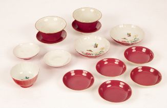 A group of Chinese porcelain items, 20th Century, a pair of fuchsia three-piece teacups, Gaiwan,