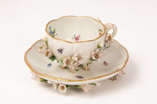 A Meissen flower encrusted small cabinet cup and saucer, circa 1870,