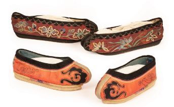 A pair of Manchu style slippers, floral embroidered and a pair of child's Manchu style slippers,