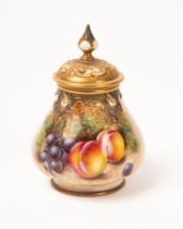 A Royal Worcester pot-pourri vase and cover painted by Lynes with peaches and grapes,