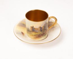 A Royal Worcester cabinet coffee cup and saucer painted by John Stinton with titled views of