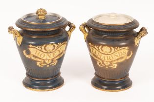 Two Samuel Alcock storage jars, dark blue ground with elaborate labels for Tamarinds and Honey,