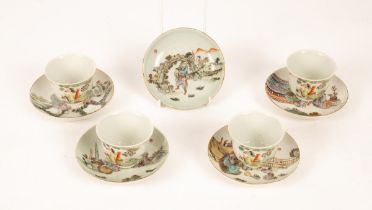 Four sets of Chinese polychrome porcelain teacups and saucers, 20th Century, decorated with legends,