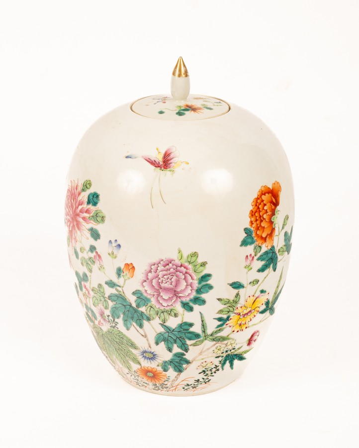 A Chinese famille rose porcelain jar and lid, Dong Gua Guan, 20th Century, of a melon shape,