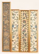 Three Chinese costume panels, sewn on silk with birds and foliage,