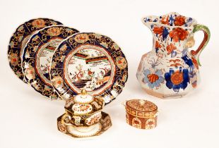 A Derby oval sucrier and cover in pattern 1128, a Wedgwood octagonal covered bowl and stand,