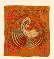 A Tibetan Buddhist monk's rank badge, 1st rank, crane, mounted on paper,