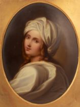 An oval porcelain plaque after Guido Reni depicting a portrait of Beatrice Cenci,