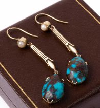 A pair of turquoise and pearl drop earrings