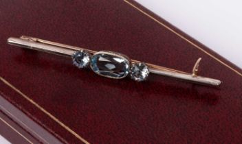 An aquamarine three-stone bar brooch