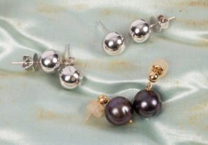 A pair of 14k yellow gold and Tahitian pearl earrings