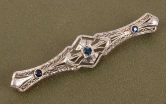 An Edwardian style 14k yellow and white gold sapphire and zircon bar brooch