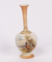 A Royal Worcester small bottle vase, painted with a pheasant and hen signed James Stinton,