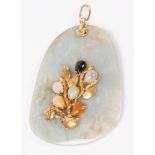 A jade pendant, mounted 14K gold, floral decorated with coloured stones, approximately 6cm long x 4.