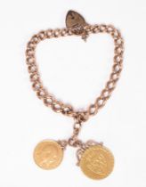 A 9ct rose gold curb-link bracelet hung with a spade Guinea and a 1907 gold sovereign,