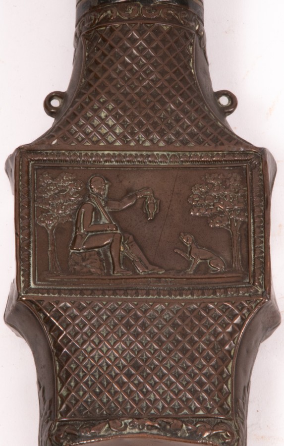 A 19th Century copper powder flask with diaper decoration and embossed central scene of a huntsman - Image 3 of 5