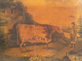 John Boultbee (1753-1812)/The Durham Ox and Herdsman/watercolour on paper laid to canvas,