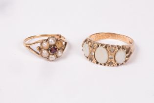 A 9ct gold opal three-stone ring and a gold (unmarked) seed pearl and garnet flower set ring,