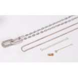 An 18ct gold clasp, a gold chain, silver chain, a Swarovski chain necklace,