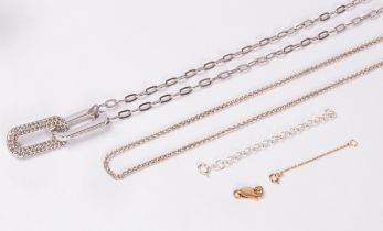 An 18ct gold clasp, a gold chain, silver chain, a Swarovski chain necklace,