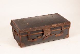 A leather two-handled suitcase with a studded lid, 84cm x 47cm x 28.