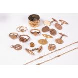 Assorted 9ct gold jewellery to include cufflinks, a masonic pendant, rings etc,