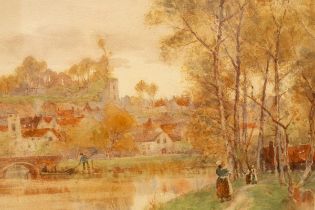 Albert Marshall (Contemporary)/River Landscape/with figures on the towpath and distant town/signed