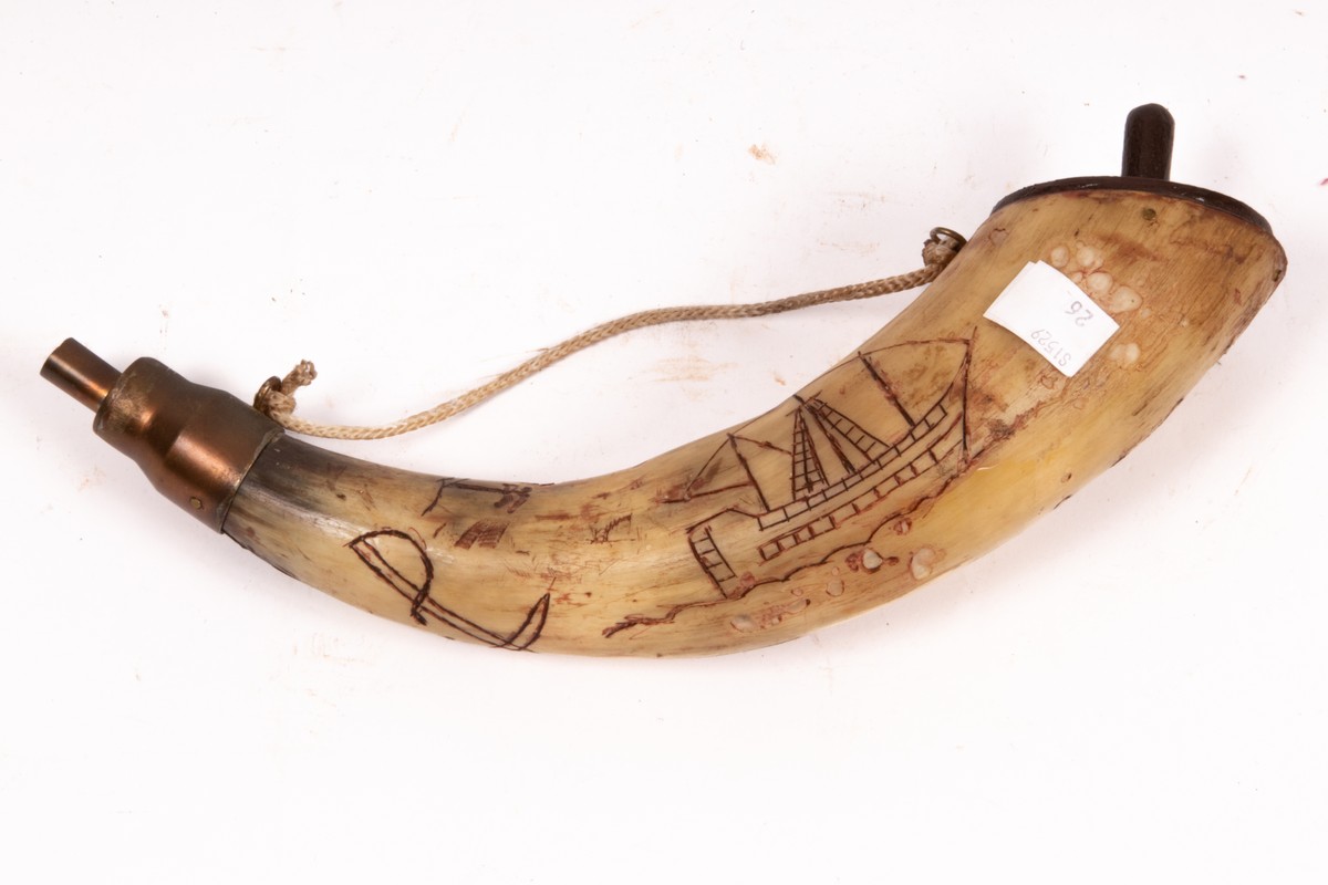 An Eastern powder horn with metal mounts and engraved brass cover, 22cm long, - Image 3 of 7