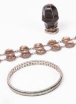 A 19th Century horn and quartz seal, silver and chatoyant gem set bracelet,
