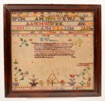 A 19th Century alphabet sampler with The Lords Prayer, Mary Jane Hunter ages 14 years,