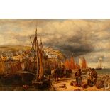 Charles Thomas Burt (1823-1902)/Harbour Scene/with moored fishing boats and figures on the quay,