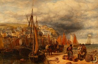 Charles Thomas Burt (1823-1902)/Harbour Scene/with moored fishing boats and figures on the quay,