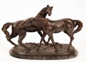 After Pierre-Jules Mene (French 1810-1879) bronze group of two horses, 20th Century,