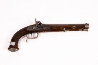 A German percussion cap pistol with engraved lock plate and metal mounts throughout,