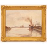 M A Carr/Harbour Scene/a steam cargo ship being loaded/oil on canvas,