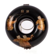 A Japanese lacquered jewellery box, 20th Century, donut-shaped and decorated with figures,