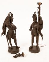 A pair of spelter figures of armoured knights, both with flags,