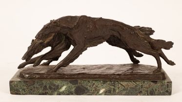 A C Rose/A bronze depicting two running Borzoi hounds/signed and dated '29/on a marble plinth 42cm