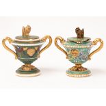 Two Spode pastille burners, circa 1820, with squirrel finials and lamprey handles,
