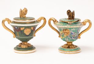 Two Spode pastille burners, circa 1820, with squirrel finials and lamprey handles,