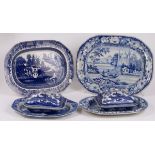 Three Staffordshire blue and white meat plates, one Davenport, together with an Ironstone platter,