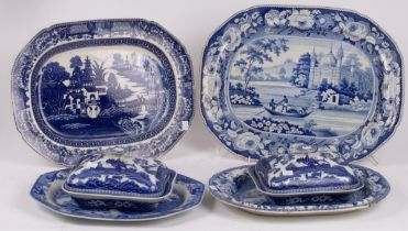 Three Staffordshire blue and white meat plates, one Davenport, together with an Ironstone platter,