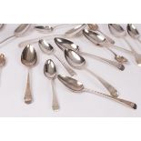 A matched part canteen of old English pattern silver flatware, George III, various makers,