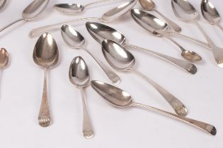 A matched part canteen of old English pattern silver flatware, George III, various makers,