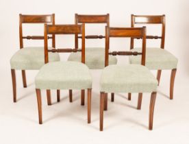 A set of six Regency mahogany dining chairs with light green upholstered stuff over seats