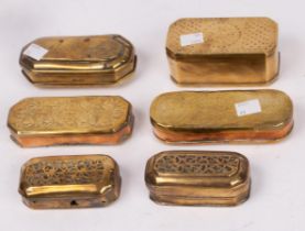 Six Dutch brass tinder boxes, all with engraved decoration,