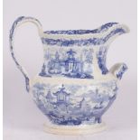 A large Wedgwood pitcher, transfer printed in blue and white with pagodas, impressed marks,